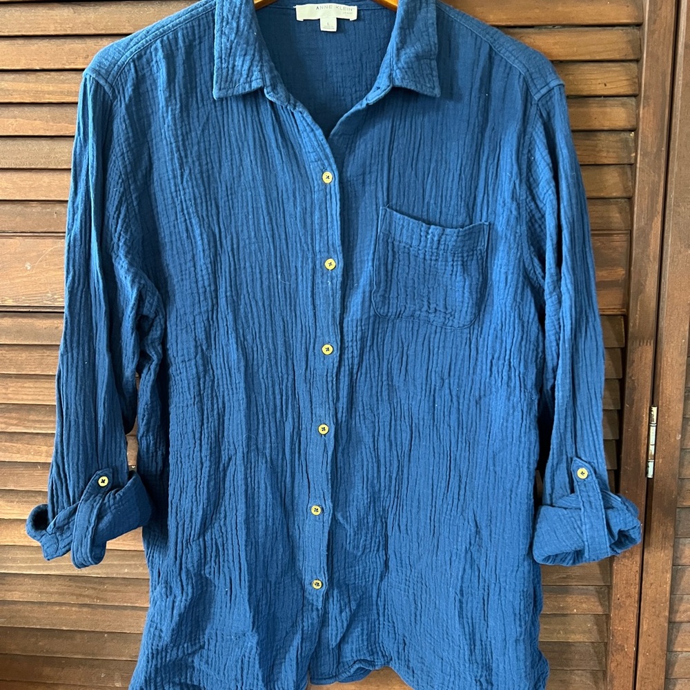 Anne Klein Navy Textured Button-Up Top